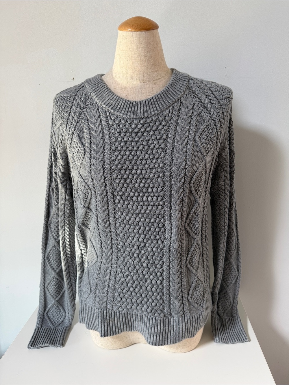 Gray Cable Knit Crewneck Sweater